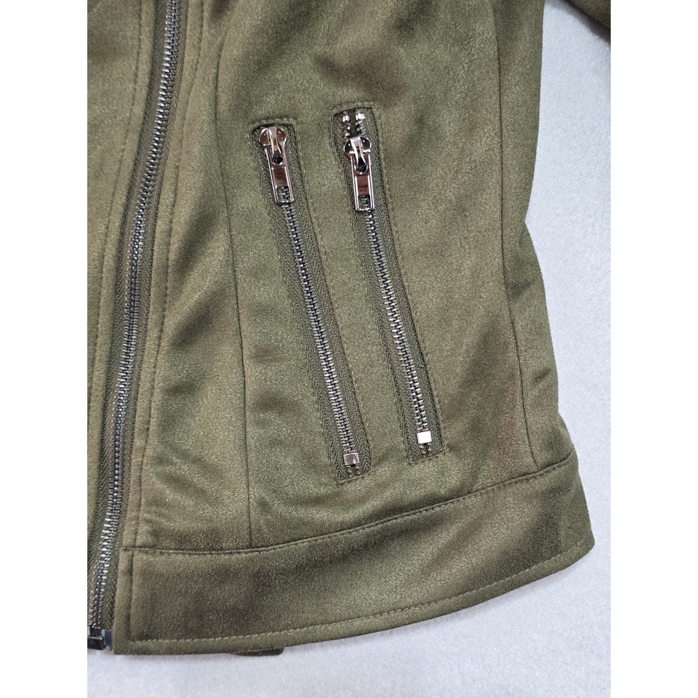 Alya Women Olive Green Faux Suede Asymmetrical Zip Moto Jacket Medium - Picture 3 of 7